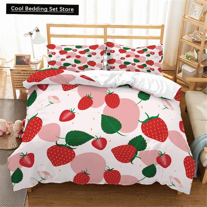Red Strawberry Cute Bedding Set 3D Pink Lovely Summer Fruit Duvet Cover King Queen For Kids Girls 2/3Pcs Polyester Quilt Cover