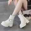 Heel 7cm  Genuine Leather Platform Wedge Ankle Knee High Booties Motorcycle Boots Women Flats ZIP Ankle Booties Punk Fashion