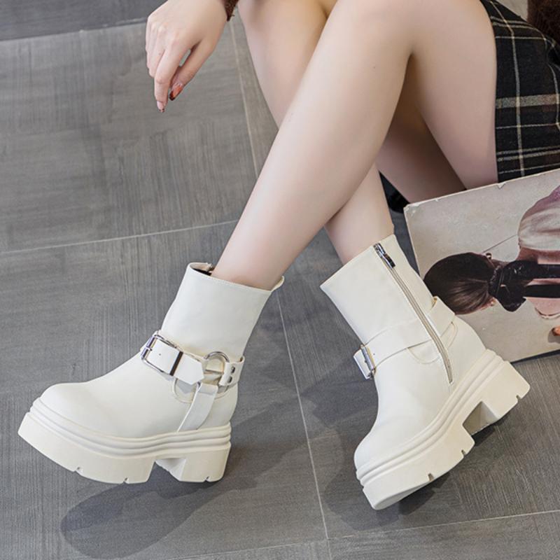 Heel 7cm  Genuine Leather Platform Wedge Ankle Knee High Booties Motorcycle Boots Women Flats ZIP Ankle Booties Punk Fashion