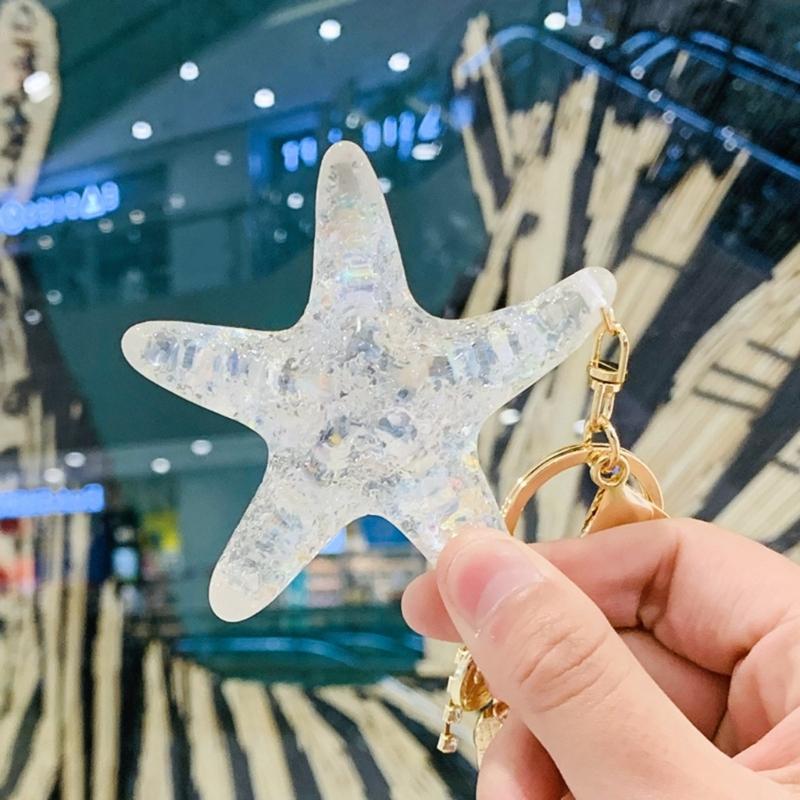 Practical Elegant White Starfishes Keychain With Pearls Accent For Car Key And Bags Metal And Acrylic Construction