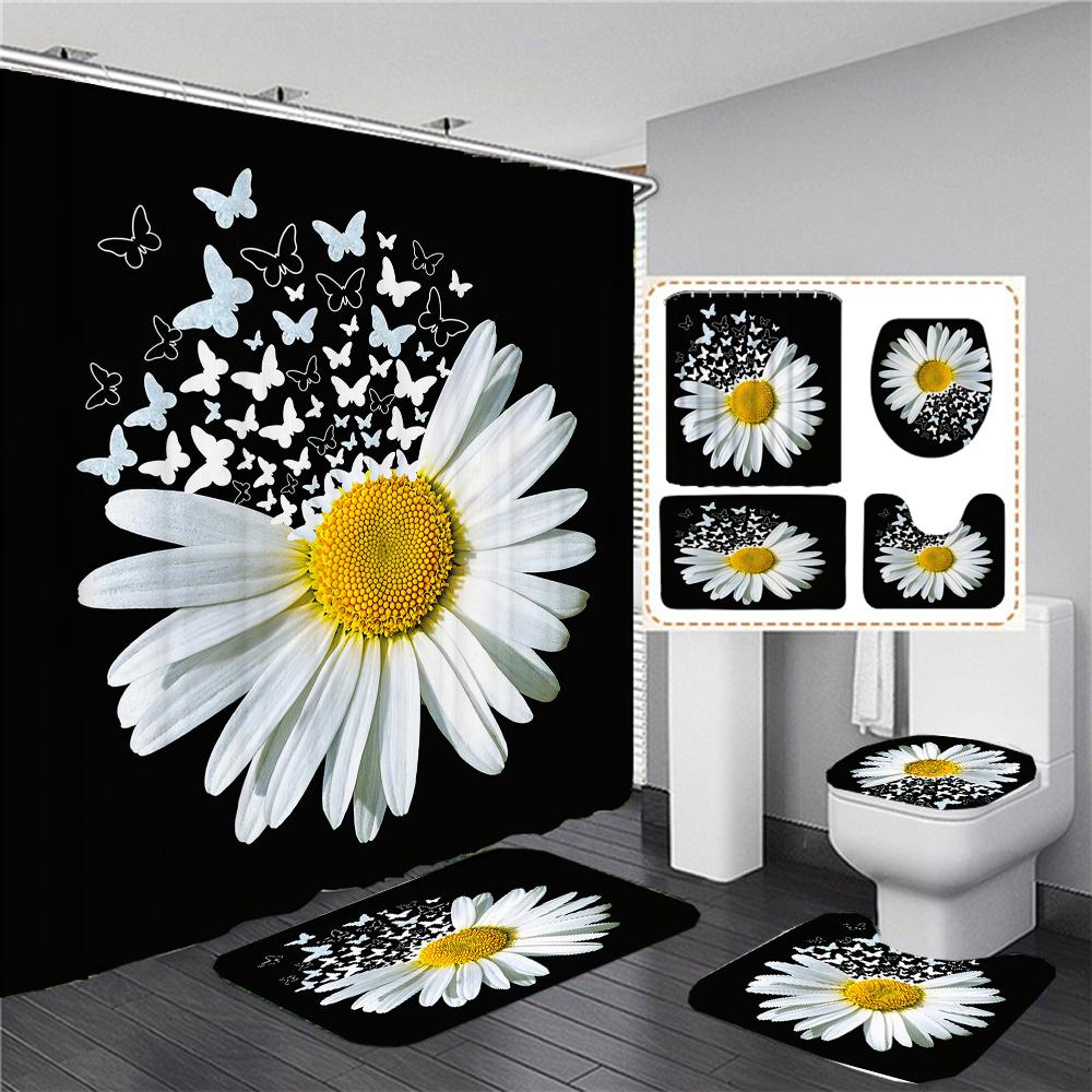 Sunflower Black Shower Curtains Beautiful Flowers 3D Print Bathroom Curtain Set Toilet Cover Bath Mat Non-Slip Rug With 12 Hooks