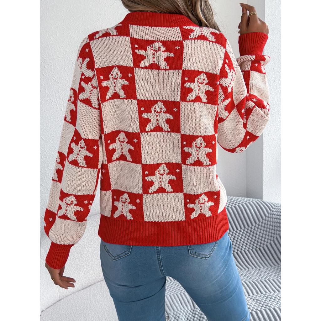 GMXIA Autumn and Winter Snowman Checkered Lantern Long-sleeved Pullover Sweater Women's Christmas