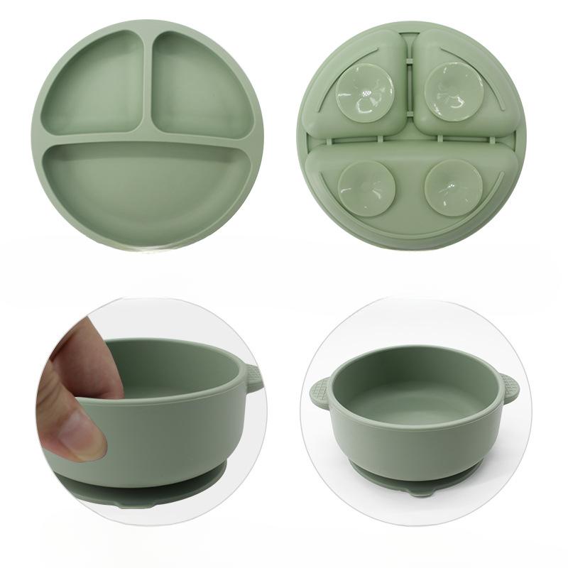 Children's Silicone Tableware Set Two-ear Bowl Integrated Silicone Dinner Plate Baby Food Bib Maternal and Infant Complementary Food Suction Cup