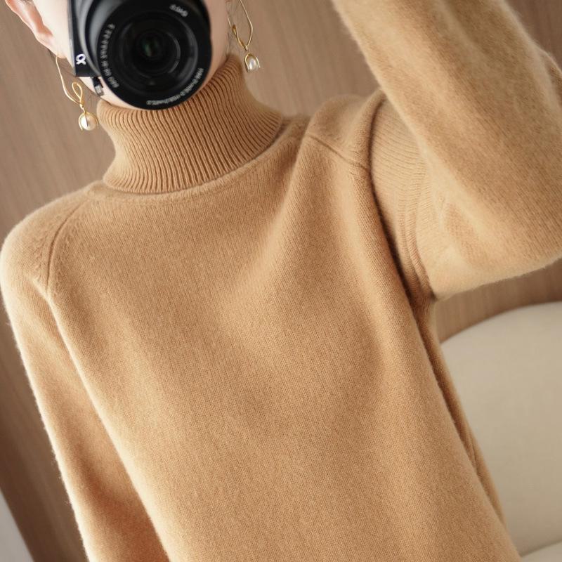 

Жіночий в язаний светр з високим горлом реглан - базовий шар осені та зими XXL золотистий/верблюд