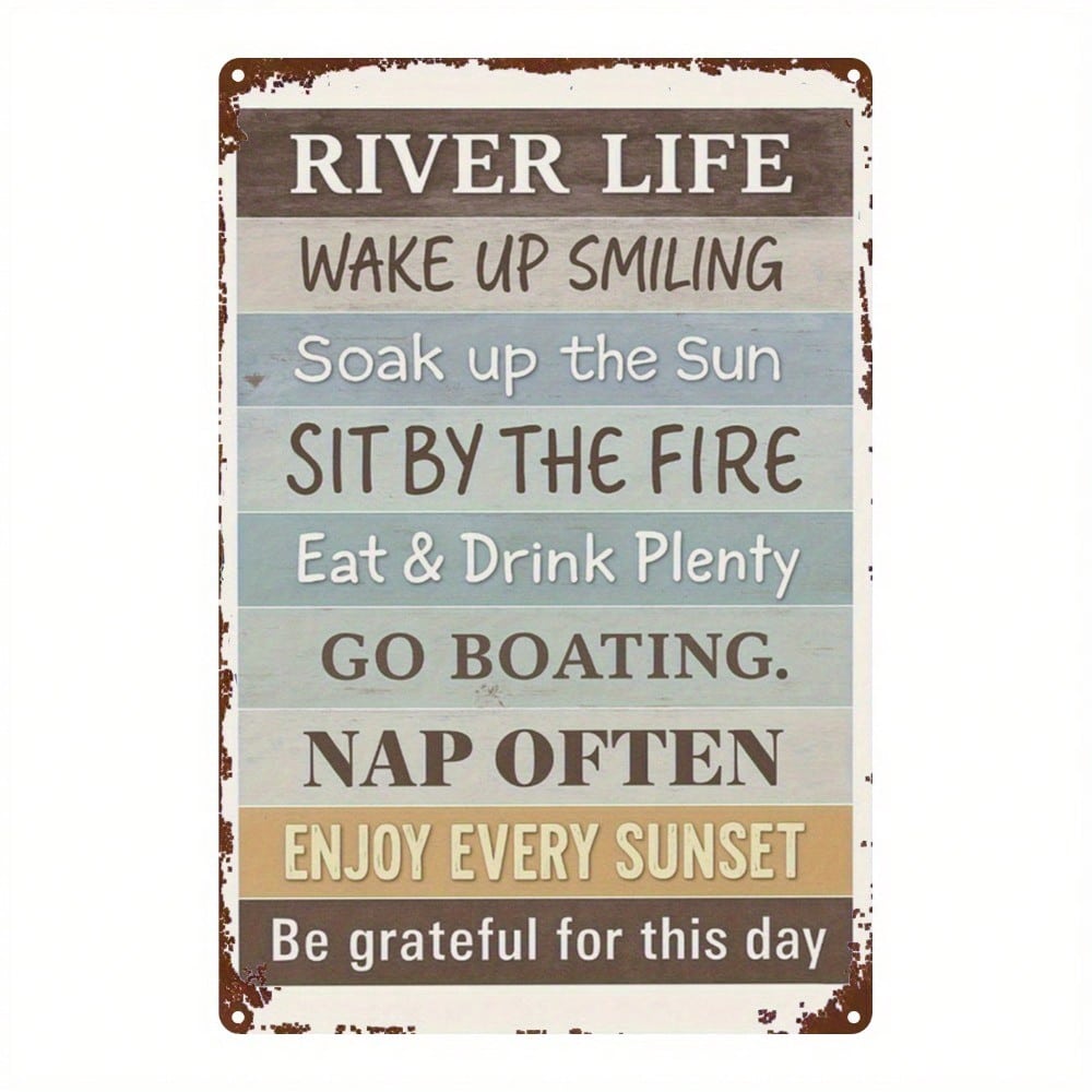 

Vintage Metal Wall Art Decor Rustic River Life Farmhouse Sign 8x12 Inch with Wake Up Smiling Quote Easy Hang PreDrilled 20x30cm