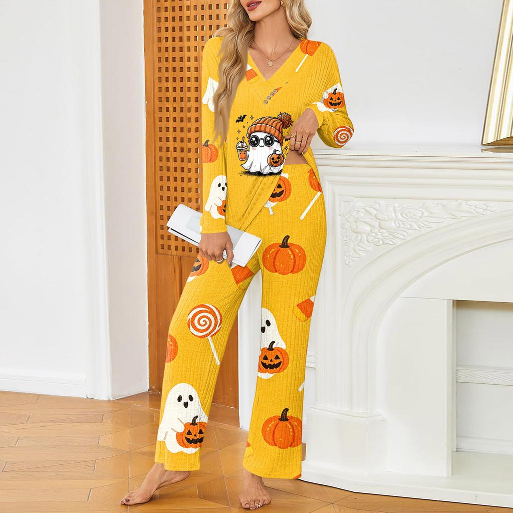 Women's Halloween Print V-Neck Long Sleeve Pajama Set with Pockets Loose Fit Sleepwear Set