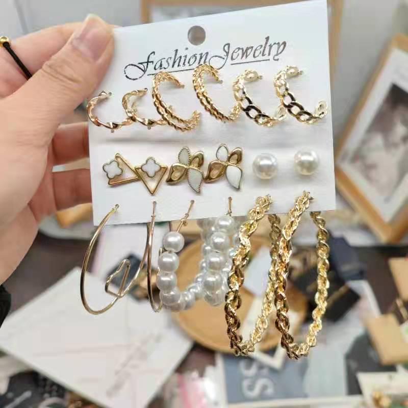 French Retro Pearl Circle Stud Earring Set - 6 Pieces for Women