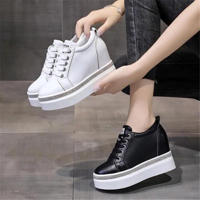 Fashion Plus Size 40 Women Wedge Sneakers Side lace-up PU Leather Casual Flat Shoes Sequins Thick Bottom White Shoes Internal Heighten