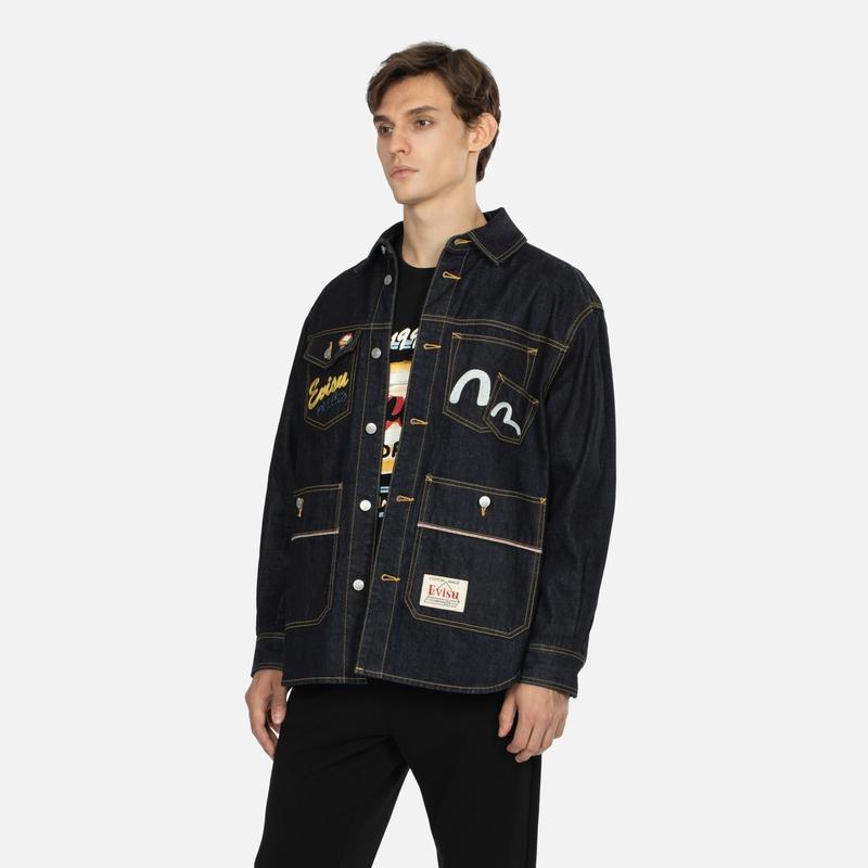Evisu AW23 Hinata Fire Boy Festival Pattern Printed Regular Fit Denim Shirt Jacket Men shirts Denim-Blue 2EAHTM3SJ1024XXDN
