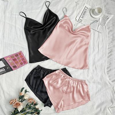 2-piece Women's Solid Breathable Pajamas Set Faux Silk Sling V-neck Top Elastic Waist Shorts Sleepwear Summer Lightweight Soft Comfortable Pyjamas Set