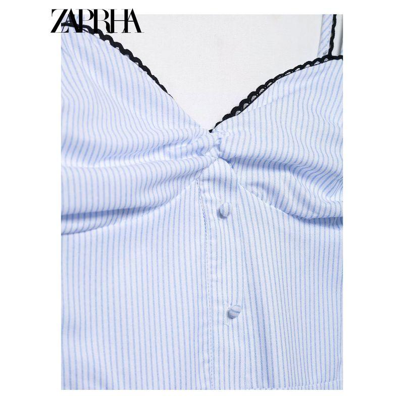 Zaprha 2025 New Holiday Stripes Sleeveless Waist Trimming Spaghetti Straps Casual Midi Skirt Dress 2587070