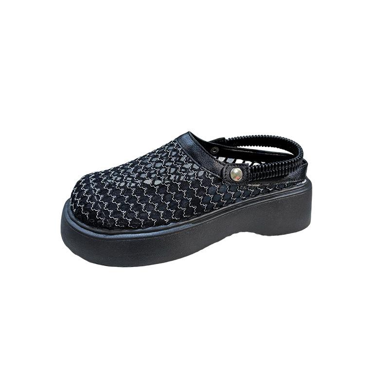 Half Slippers Woven Two Wear Cool Slippers 2025 Summer New Thick Sole Heightened Hollow Breathable Bag Head Sandals Women's Shoes