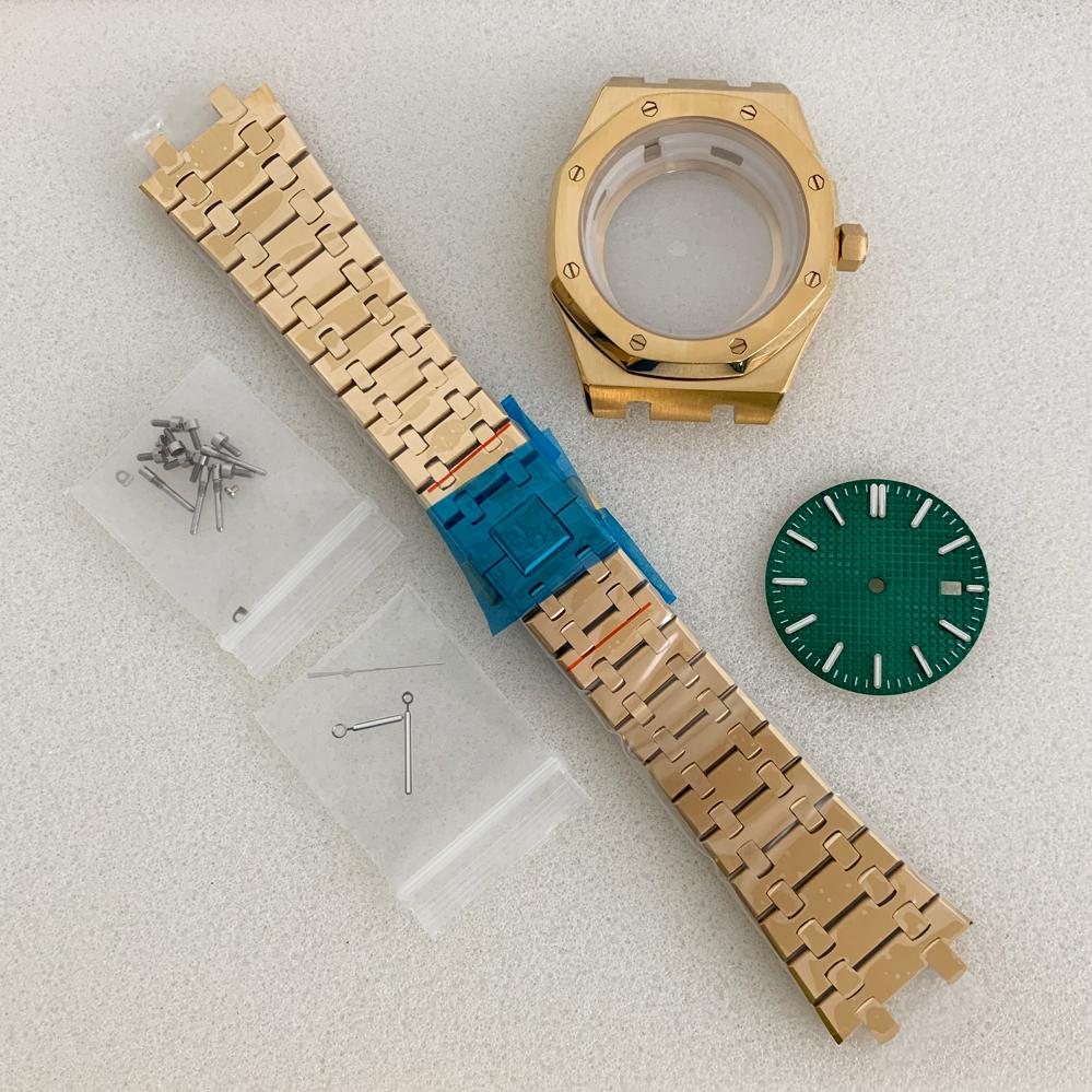 41mm PVD Gold Plating Watch Case Dial Set Sapphire Glass Stainless Steel Strap Watches Accessories for NH35 NH36 4R36 Movement