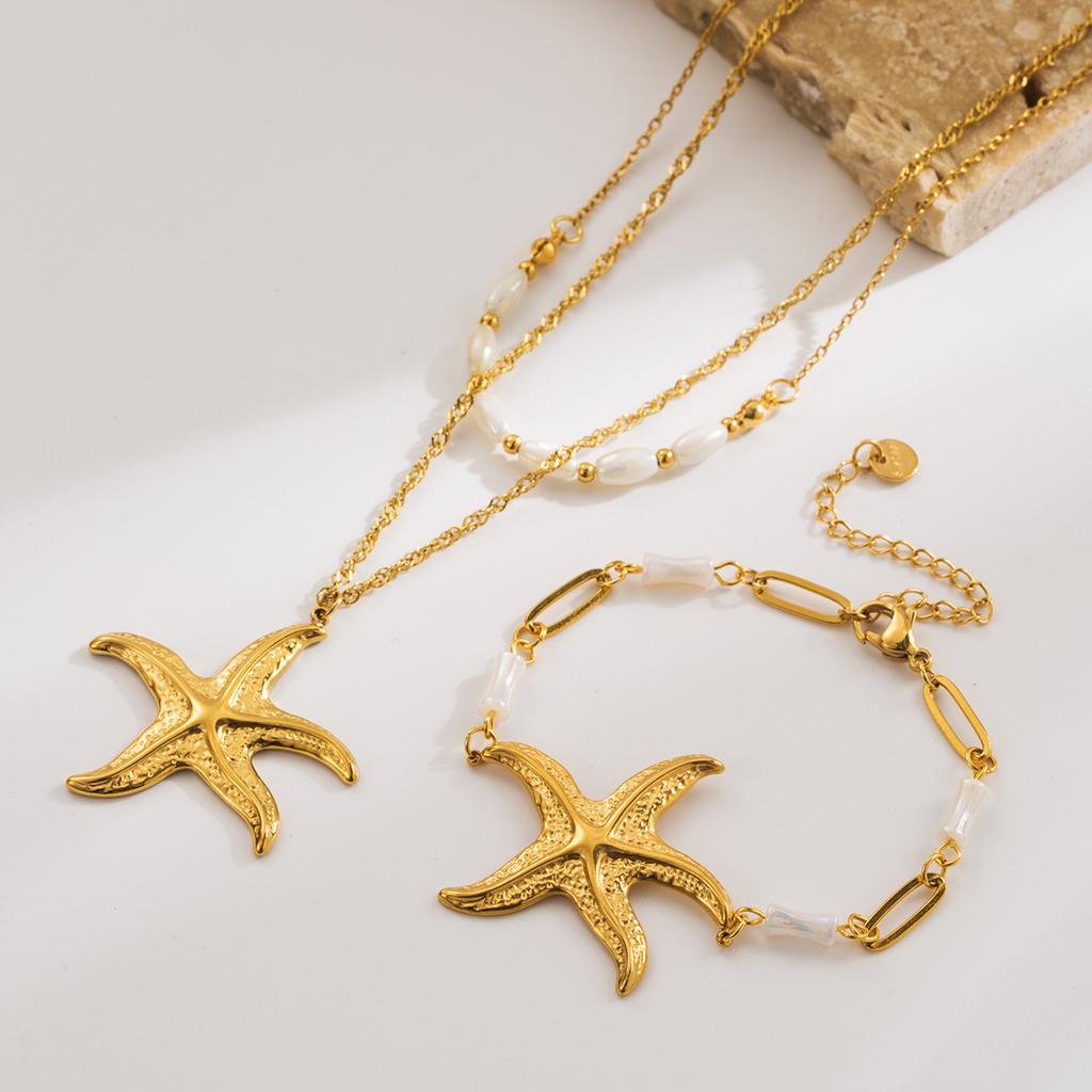 Summer new retro ocean series starfish pendant stainless steel necklace paperclip shell chain bracelet