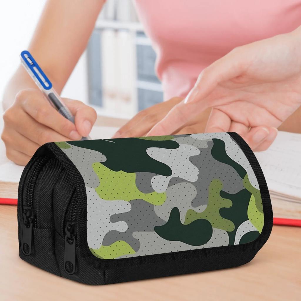 Double Layer Pencil Case, Vibrant Printed Pencil Pouch with Green - Dot Camouflage Design, Fashion Storage bag, Portable Pencil case with zipper, Dura