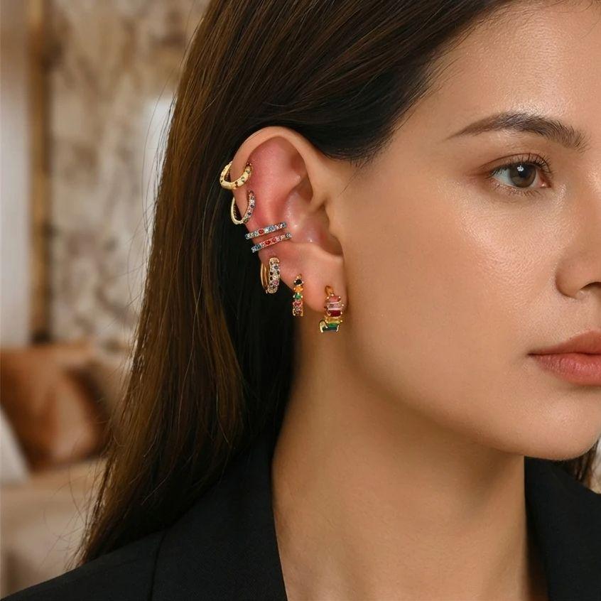 7pcs Colorful Crystal Earrings Set for Women Exquisite Gold Color Copper Zircon Ear Cuffs Earrings Luxury Party Wedding Jewelry