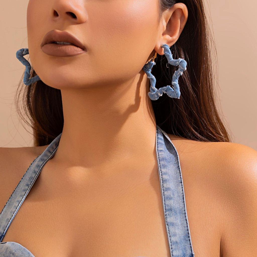 Vintage Denim Print Hoop Earrings: Retro Cross-Border Fabric Studs for Women