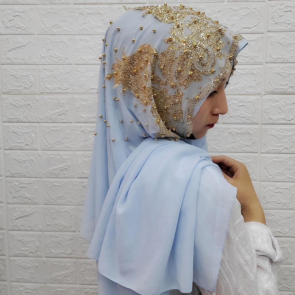 Šifonový šátek na hlavu s korálky a kamínky: Prodyšná ochrana proti slunci muslimský šátek v etnickém stylu