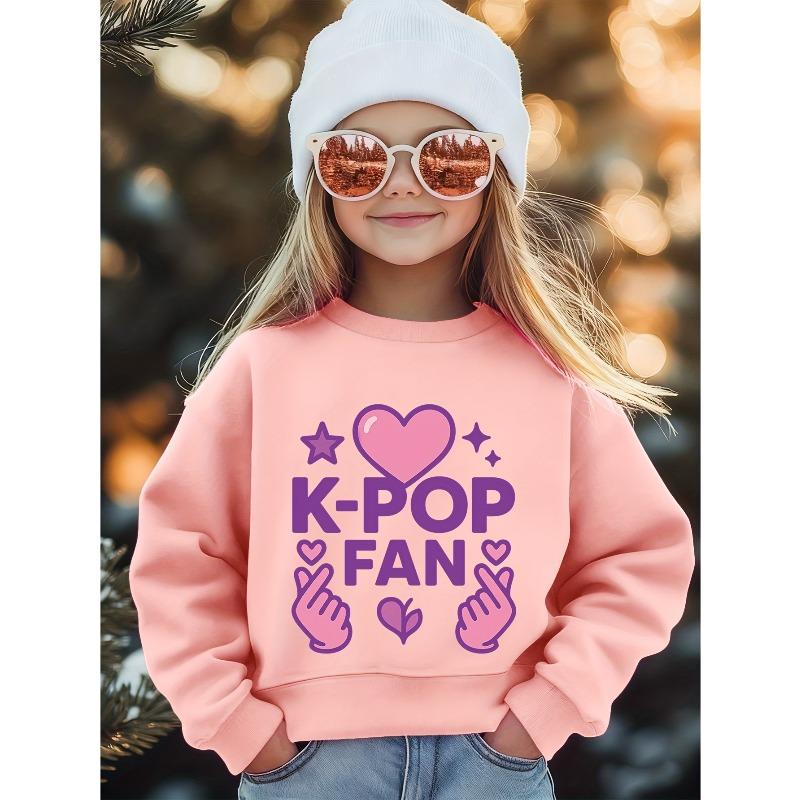 Kids K-POP Fan Graphic Crewneck Sweatshirt, Korean Pop Heart Sign Print Casual Autumn Winter Top