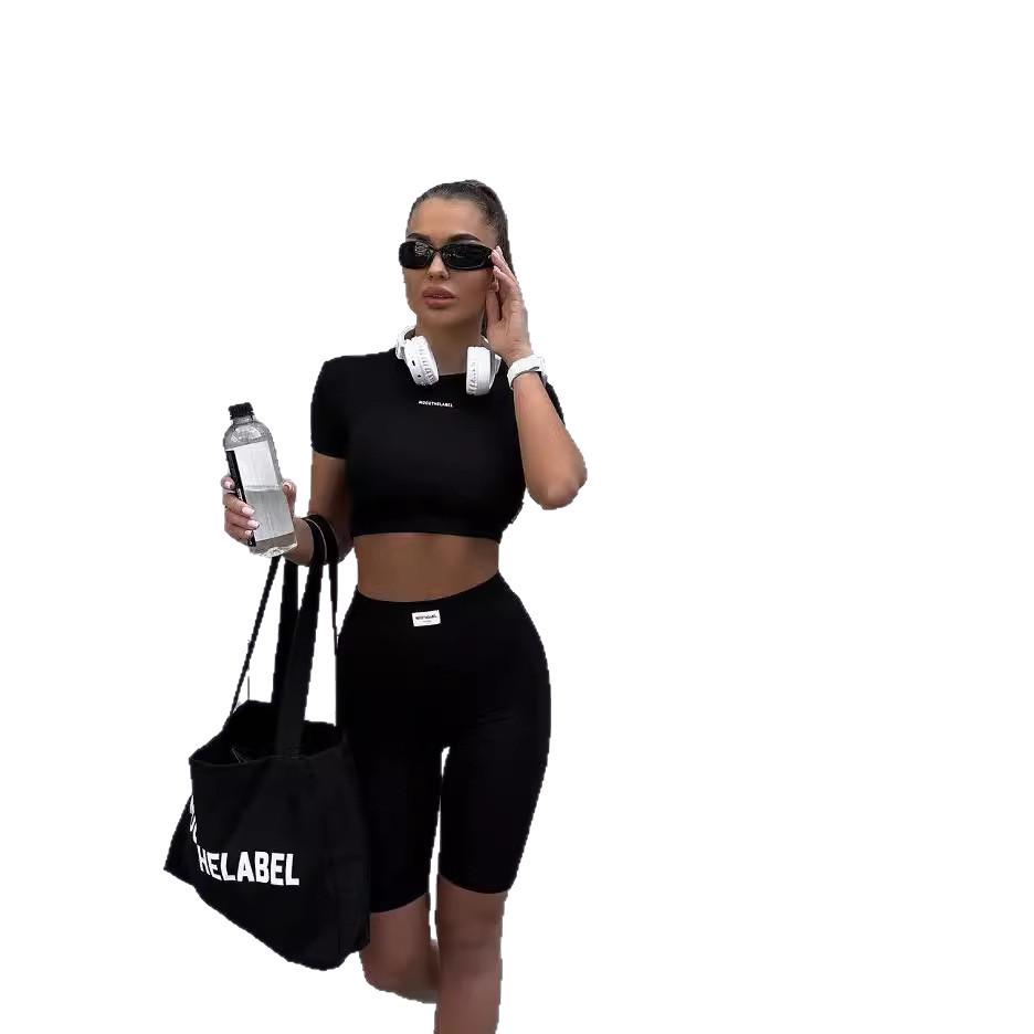 Set di abbigliamento sportivo da jogging più venduto: T-shirt a Maniche Corte Monocolore & Pantaloncini a Cinque Punti - Set Due Pezzi per Europa & America
