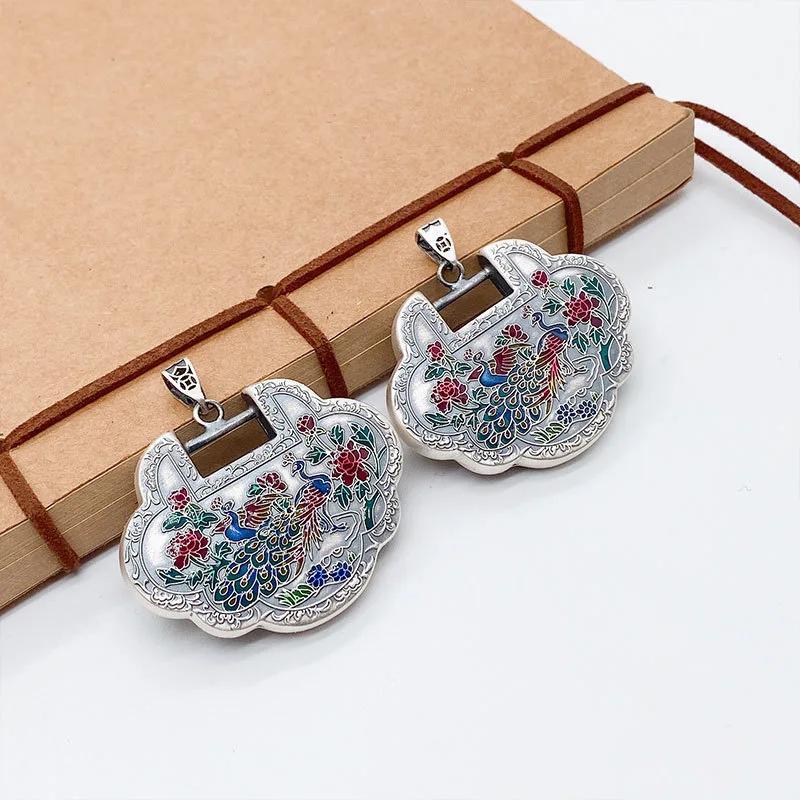 Classic National Style Enamel Colored Pastoral Style Flower And Phoenix Ruyi Lock Pendant   Necklace For Women Jewelry