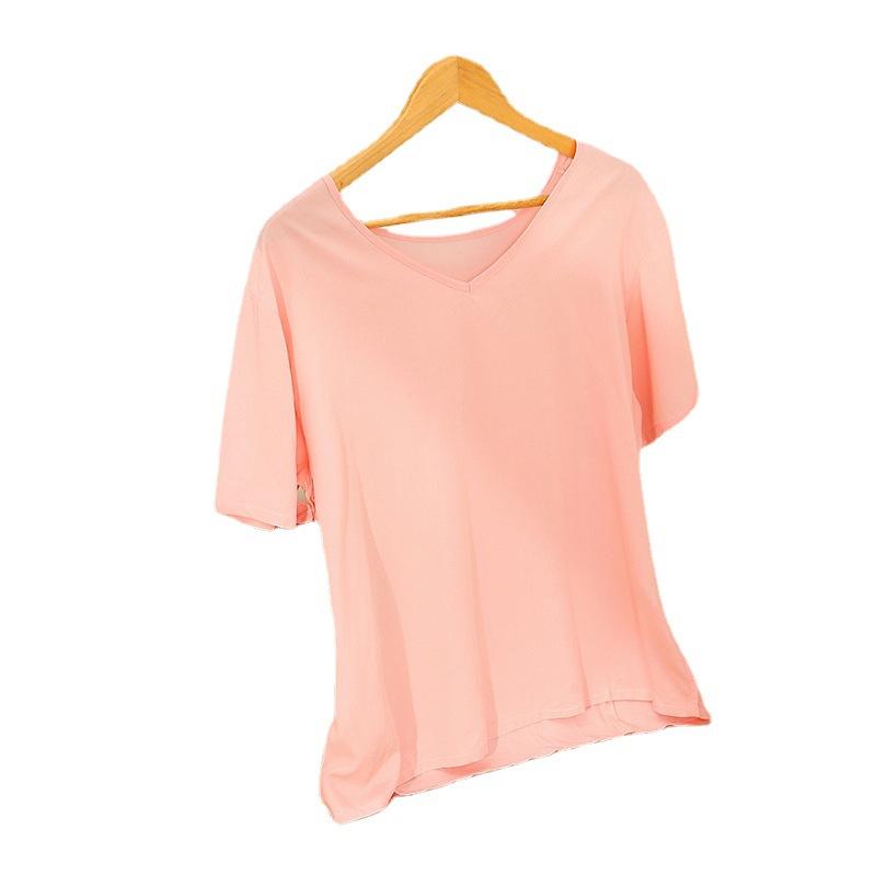 Sommer Damen Baumwolle und Seide Kurzarm T-Shirt Einfarbig V-Ausschnitt Locker und Bequem Lässige Baumwolle Kühle Loungewear Pyjama