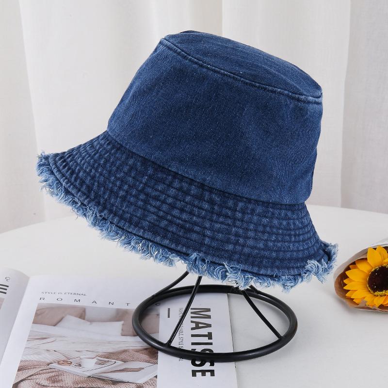 Spring and summer old retro versatile face covering solid color rough edge denim bucket hat woman