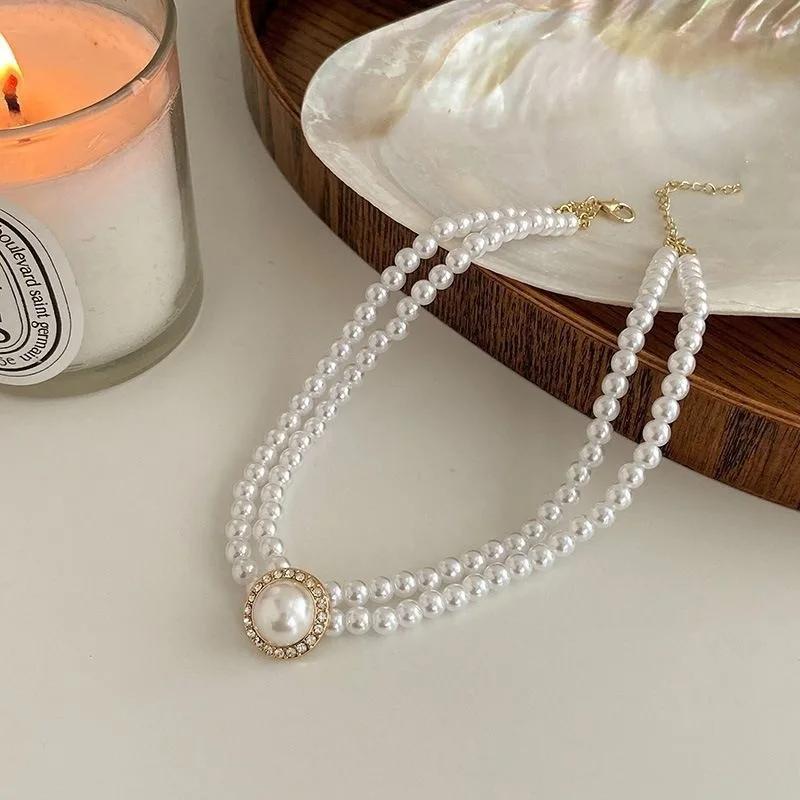 Women Elegant Pearl Double Layers Necklace Earrings Exquisite Vintage Classic Chains for Lady Party Wedding Retro Jewelry Choker