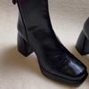 French retro square head high heel short boots women's versatile temperament sense rear zipper thin boots black