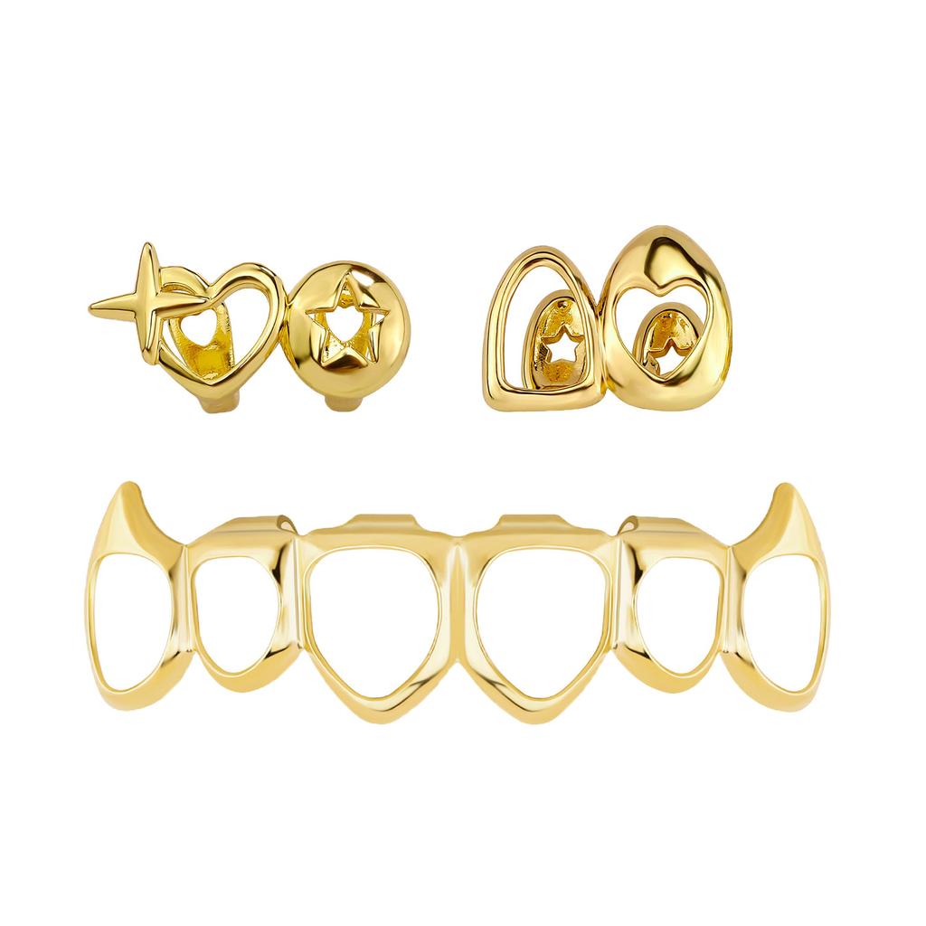 High-Quality Gold-Plated Dental Braces Micro-Inlaid Zircon Small Tiger Teeth Left-Right Symmetrical Sharp Teeth Set TEMU Hot Sale