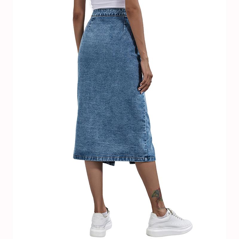Women High Waist Pocket Single- Breasted Package Hip Jean Denim Skirt