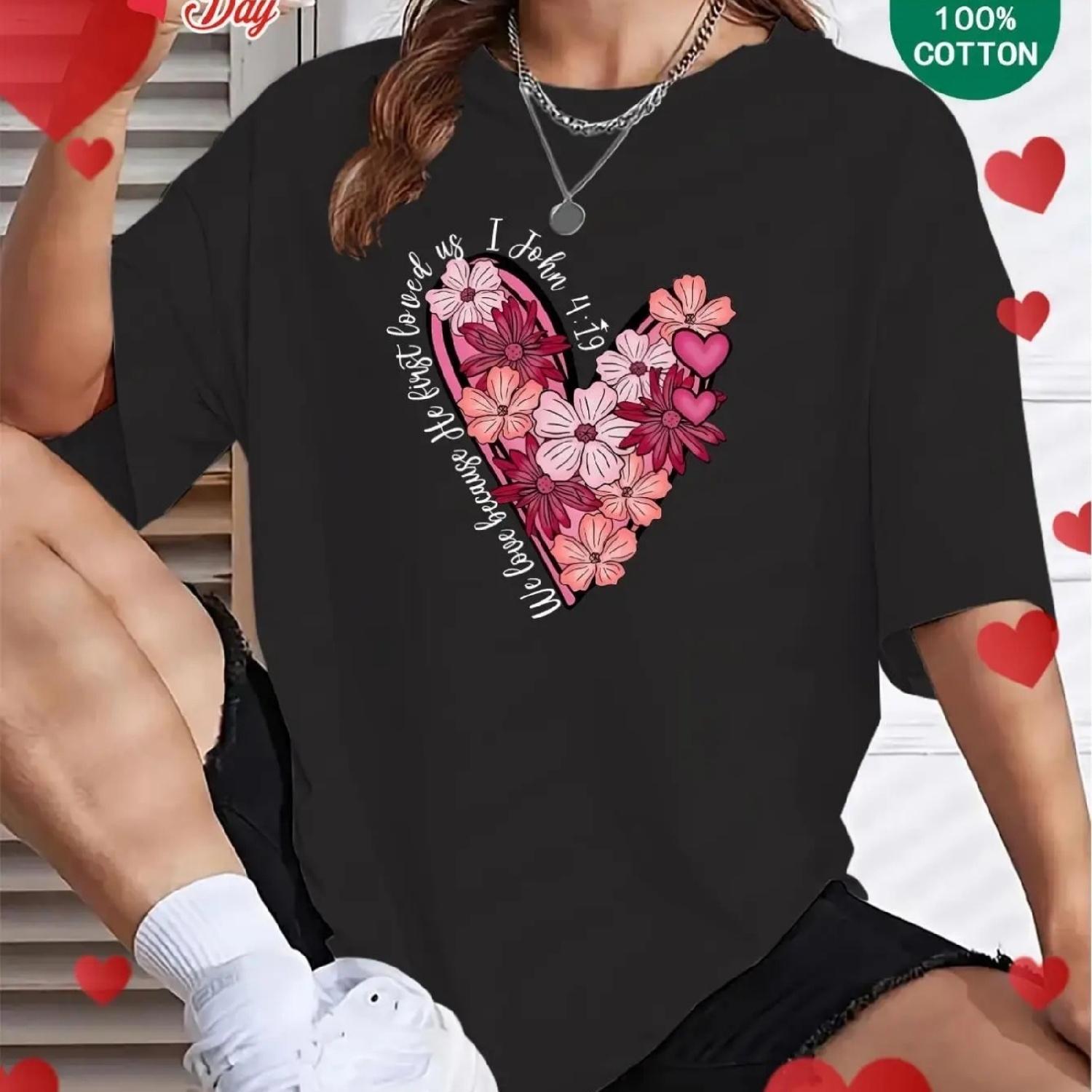 (180g pure cotton T-shirt) Happy Valentine s Day - Blooming Flowers in the Heart Pattern Letter Print Women s Summer Round Neck S