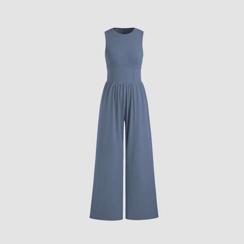 European and American Spring and Autumn Solid Vest High Waist Slim Fit Jumpsuit Round Neck Wide Leg Straight Trousers Women Clothes