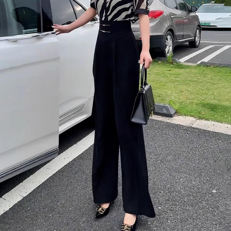 Women's Autumn 2025 Black Wide-Leg Pants: New Chinese Style Slim Fit Straight-Leg