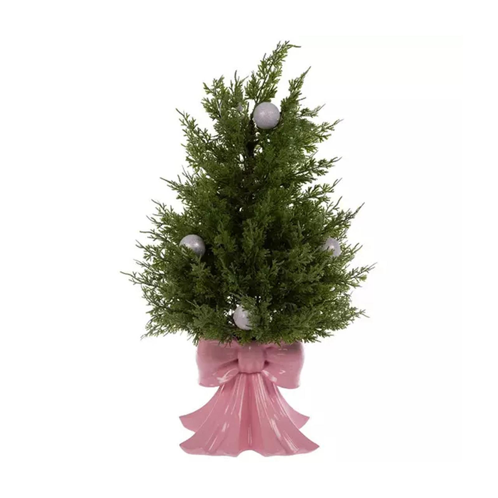 

Artificial Cedar Tree Potted Decoration with Bow Base and Ornament Balls Indoor Tabletop Holiday Home Accent розовый
