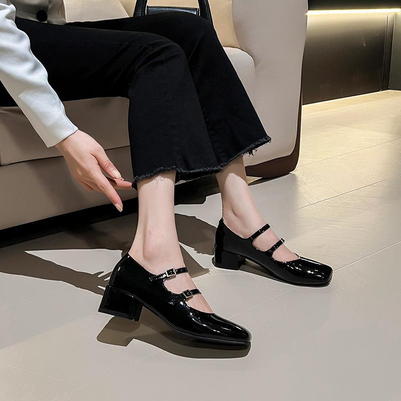 

Sheepskin version~ silver one-word buckle light mouth square head genuine leather Mary Jane women s shoes thick heel single shoes 40