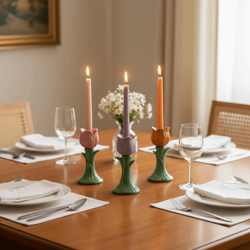 Handmade Flower-shaped Candlestick Nordic Style Ceramic Tulip Candle Stand Home Decoration