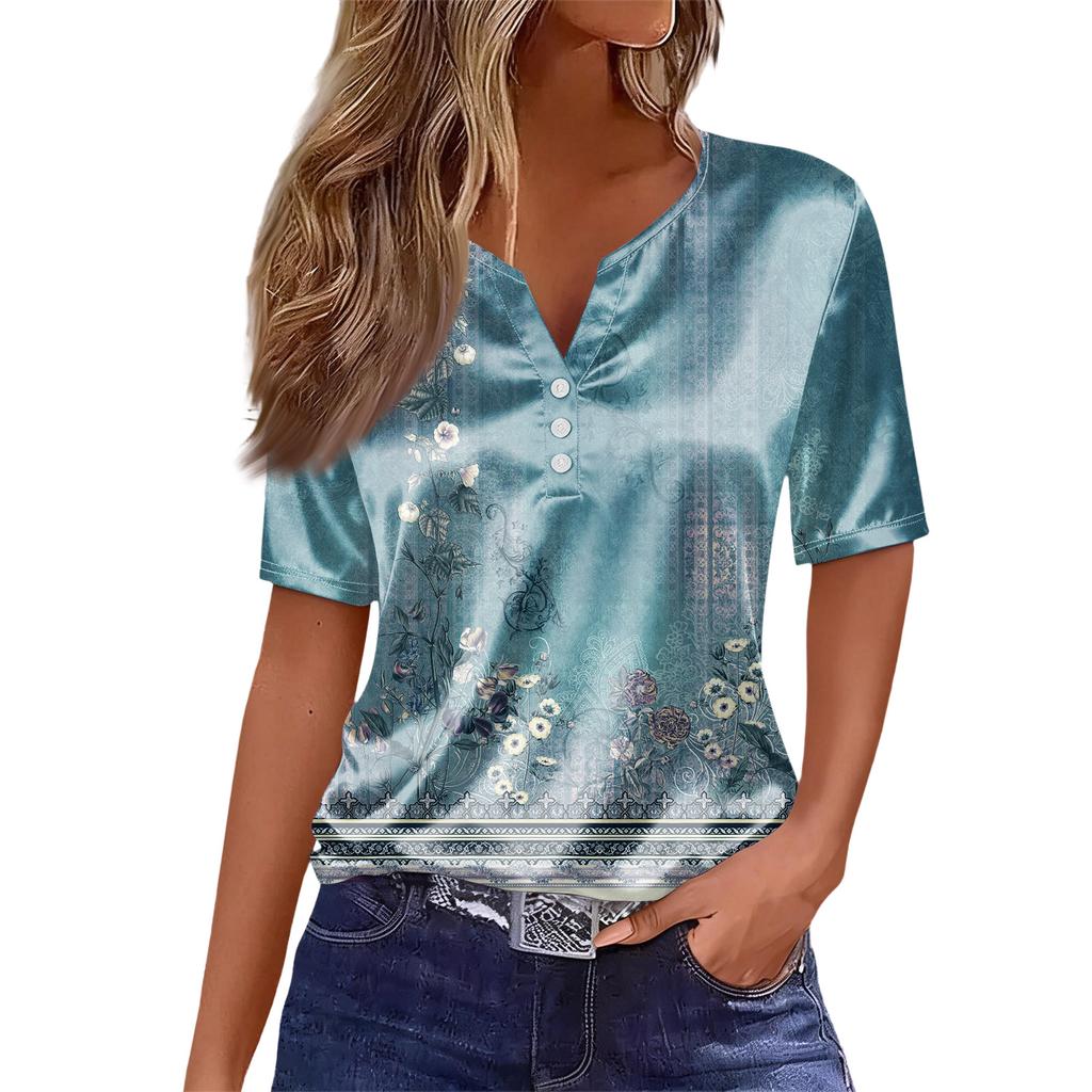 Women's Fashion Casual Retro Print  Collar Short Sleeve Button T-Shirt Top