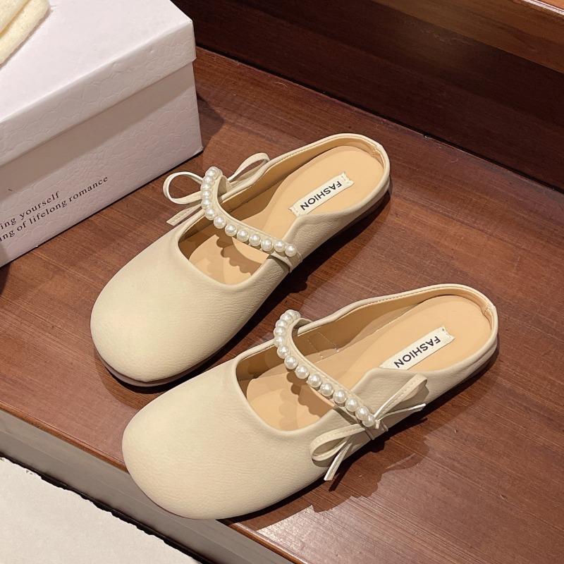 Baotou Flat Shoes Spring New Round Head Shallow Mouth Bead Butterfly Knot Soft Sole Anti-slip Wear-resistant Slippers