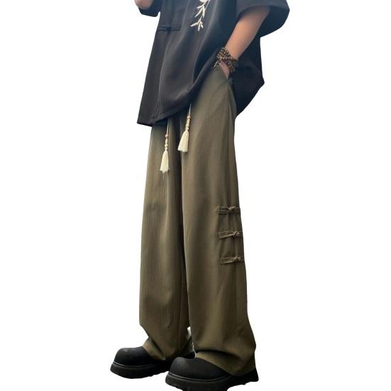 Men Pants Chinese Style Tassel Knot Decor Straight Wide Leg Loose Drawstring Elastic Waist Solid Color Pockets