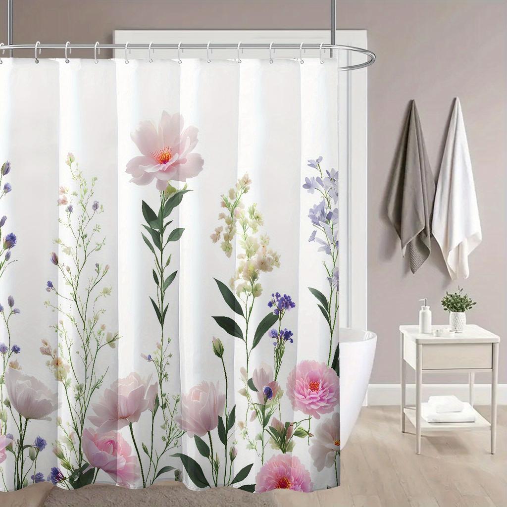1Pcs Pink Flower Branch Print Shower Curtain, High Quality Polyester Fabric With Hooks, Suitable For Bathroom Decoration
