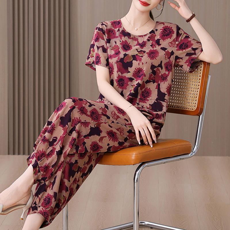 Summer Women's Two Pieces Set Plus Size Elegant Cotton Linen Pant Sets Casual Ladies Clothes