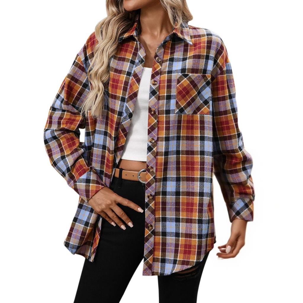 Women's Turn Down Collar Long Sleeve Flannel Oversized Casual Plaid Shirt Blouse