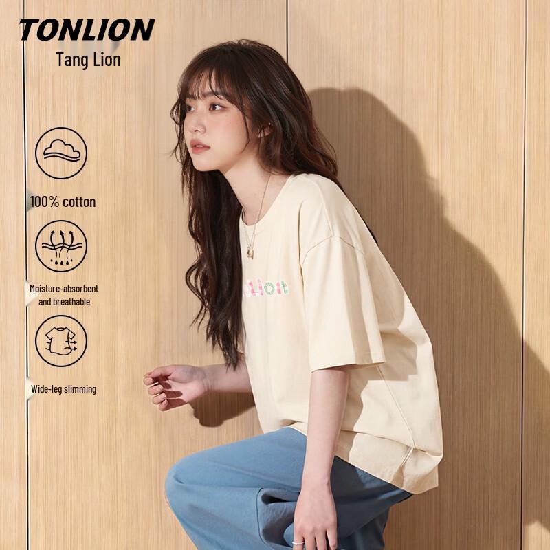 TonLion Women s Pure Cotton Loose Fit Round Neck Short Sleeve T-Shirt L