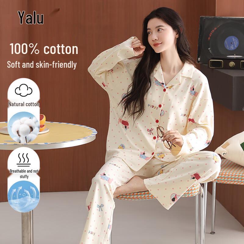 Yalu Women s Cotton Long-Sleeve Pajama Set L