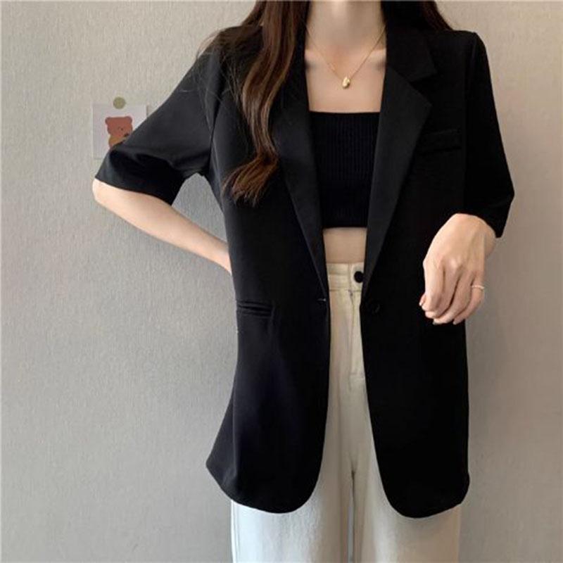 Summer White Short-sleeved Blazer Jacket Women Single Button Notched Collar Outwear Ladies Loose Office Suit Coat