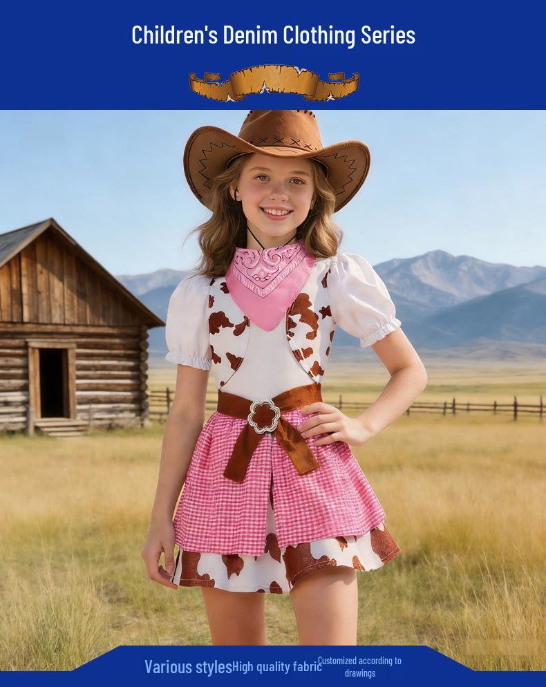 Girls' Pink Denim Western Cowboy Skirt Halloween Costume Set