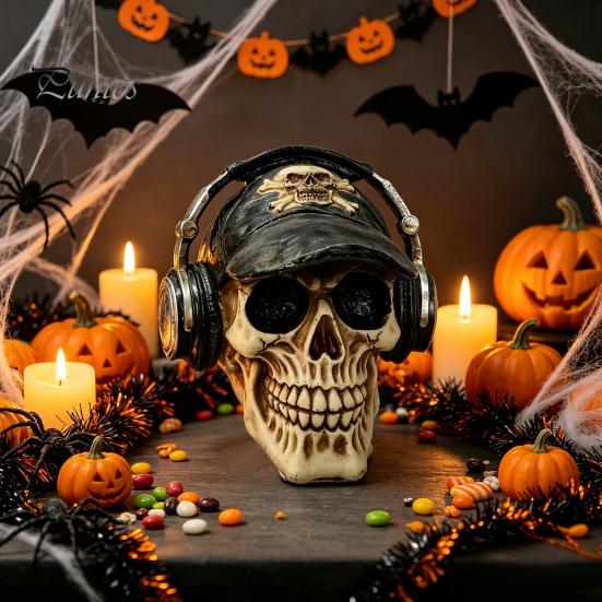 Durable Synthetic Resin Ornaments Hip-hop Headphone/Steampunk Skull Figurine, Skeleton Statue, Vintage Steampunk Style Statue Ornament for Haunted