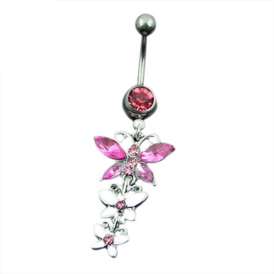 Three Pendant Button Butterflies Belly Navel Barbell Bar Ring Body Piercing Jewelry