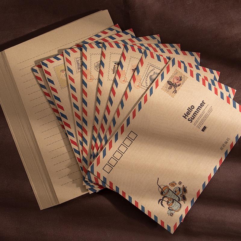 Kraft Paper Retro European Style Airmail Envelope & Stationery Set with Postcards and Greeting Cards In White